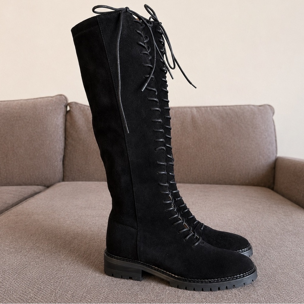 TUCKERNUCK Black Suede Lace-Up Knee-High Boots - Picture 2 of 7
